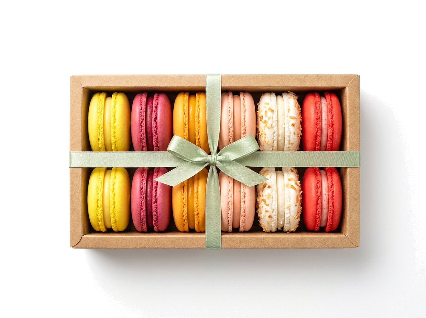 Bright & Fruity — a dozen fruit-flavored French macarons in a kraft box with a sage green ribbon bow
