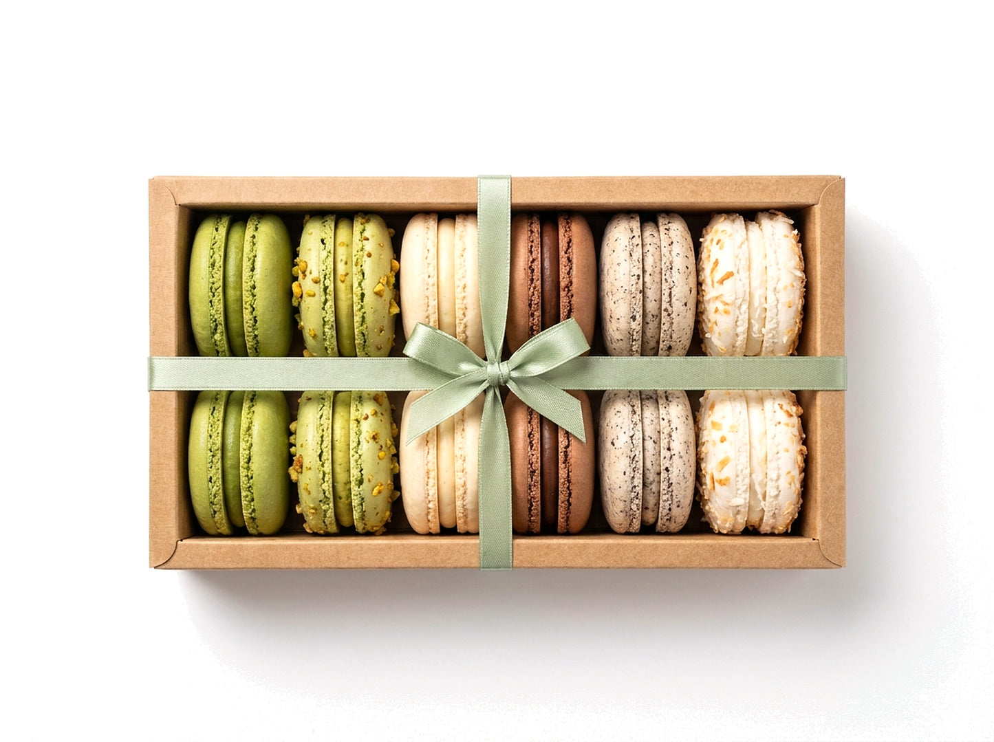 The Café Board — a dozen café-flavored French macarons in a kraft box with a sage green ribbon bow