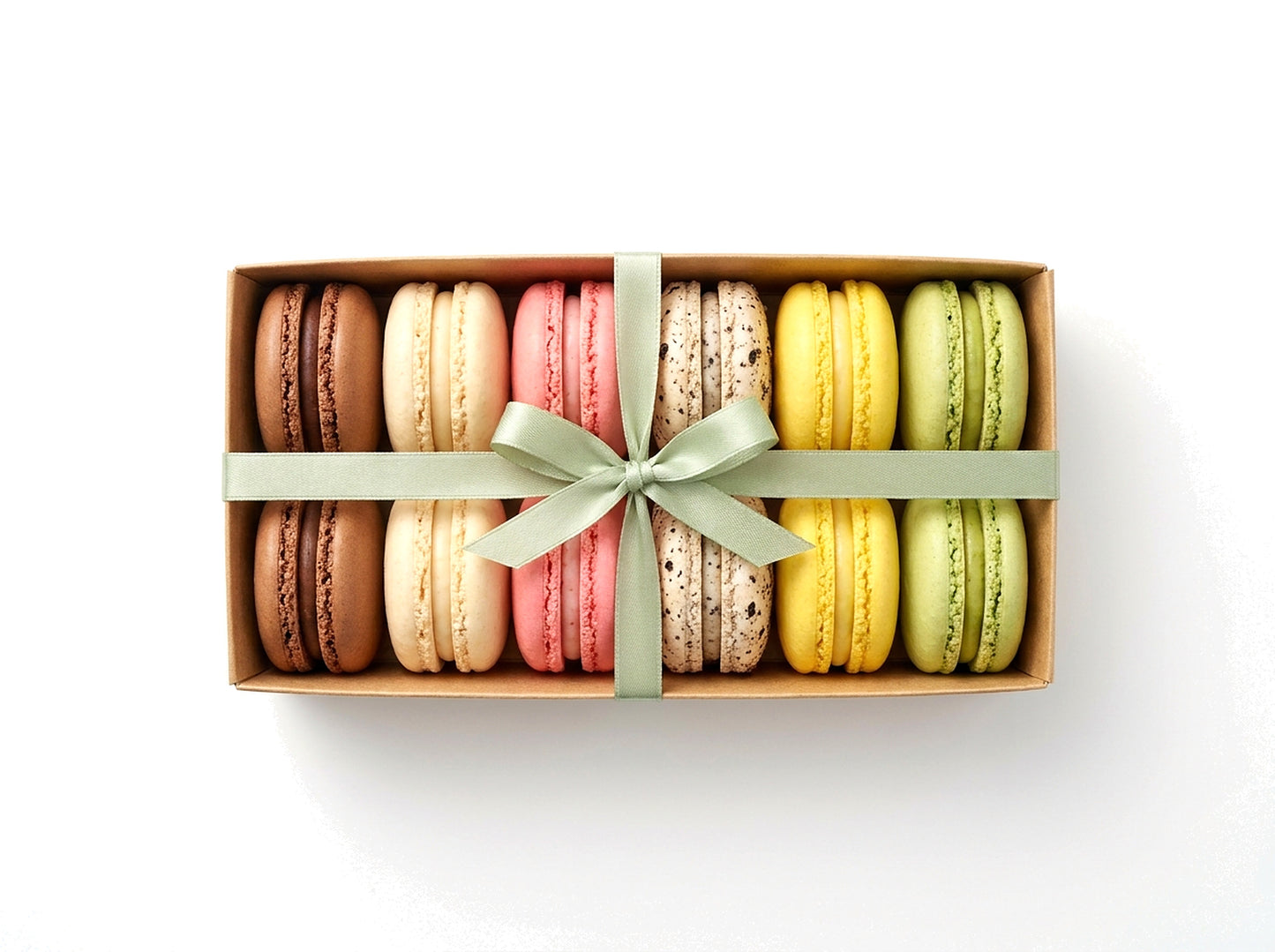 Crowd Favorites — a dozen bestselling French macarons in a kraft box with a sage green ribbon bow