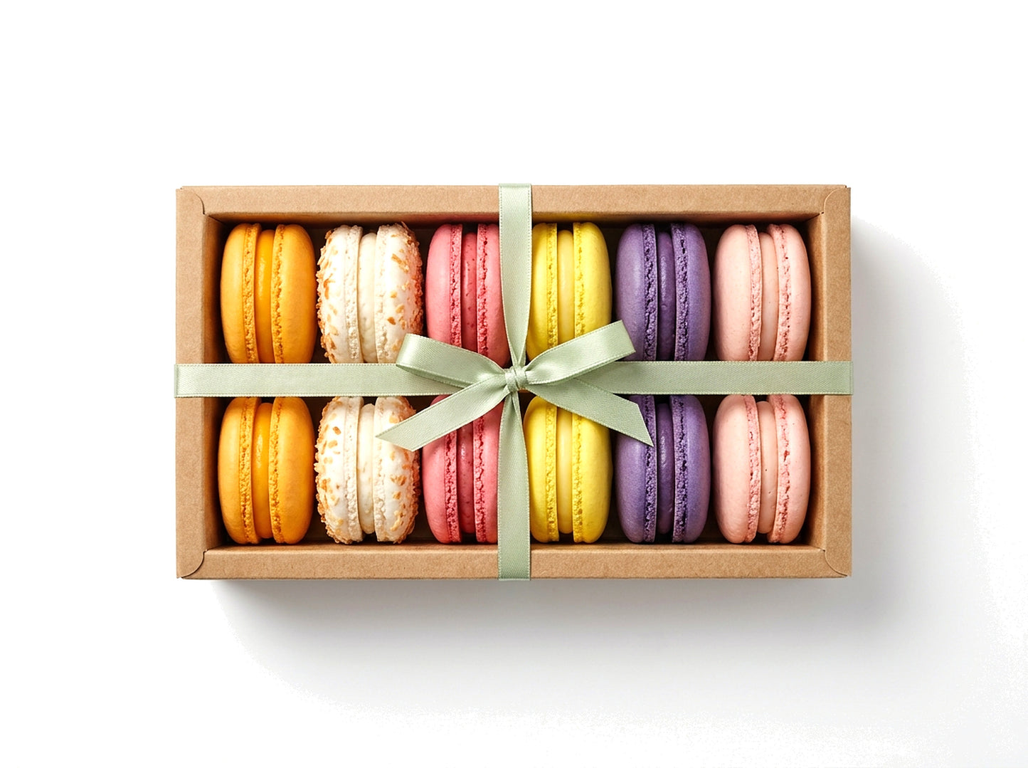 Island & Orchard — a dozen tropical French macarons in a kraft box with a sage green ribbon bow