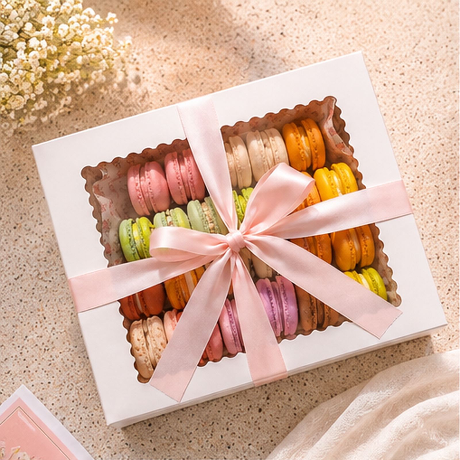 Sweet Crème macaron gift box with assorted macarons and ribbon — view 1