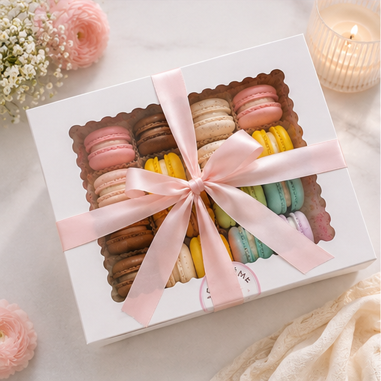 Sweet Crème macaron gift box with assorted macarons and ribbon — view 4