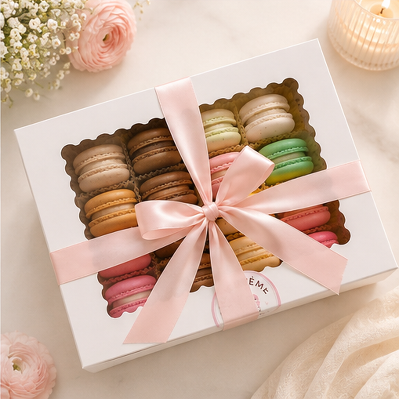 Sweet Crème macaron gift box with assorted macarons and ribbon — view 6
