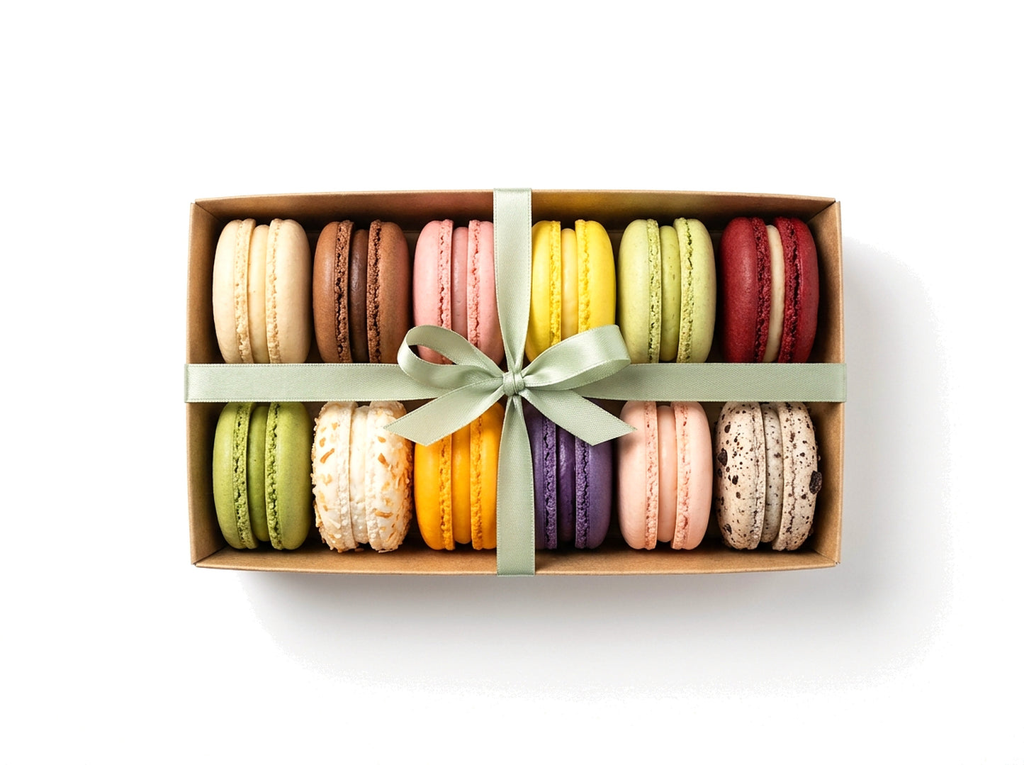 Build Your Box — a dozen French macarons in a kraft box tied with a sage green ribbon and bow