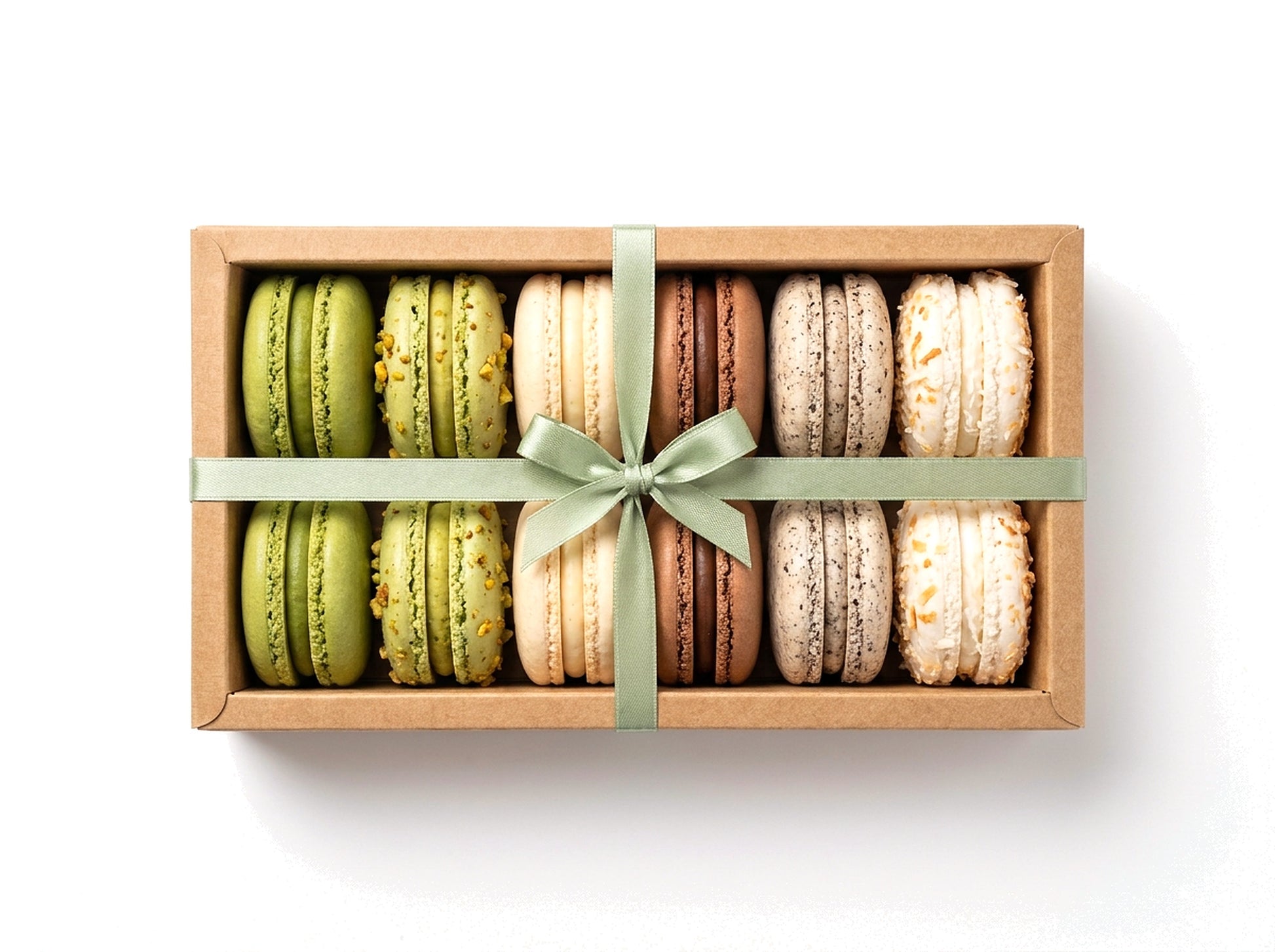 The Café Board — a dozen café-flavored French macarons in a kraft box with a sage green ribbon bow