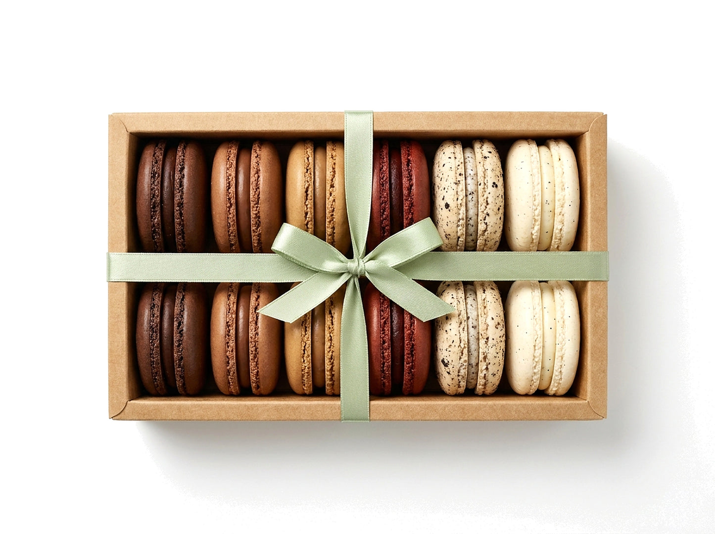 The Chocolate Reserve — a dozen chocolate French macarons in a kraft box with a sage green ribbon bow