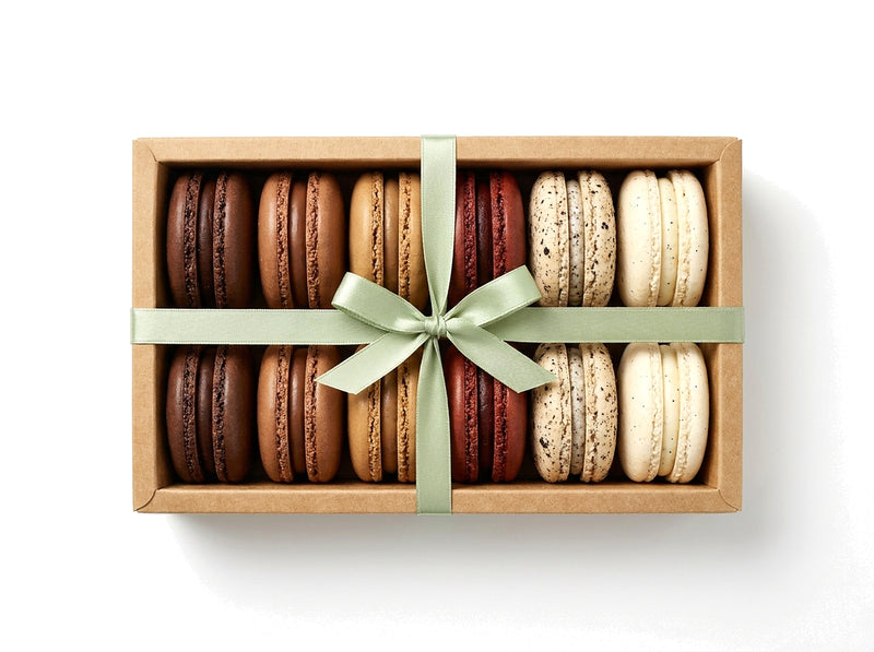 The Chocolate Reserve — a dozen chocolate French macarons in a kraft box with a sage green ribbon bow