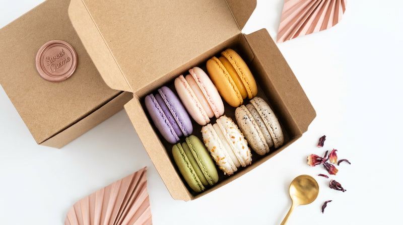 The Connoisseur — six French macarons in ube, lychee, mango, matcha green tea, coconut, and cookies & crème