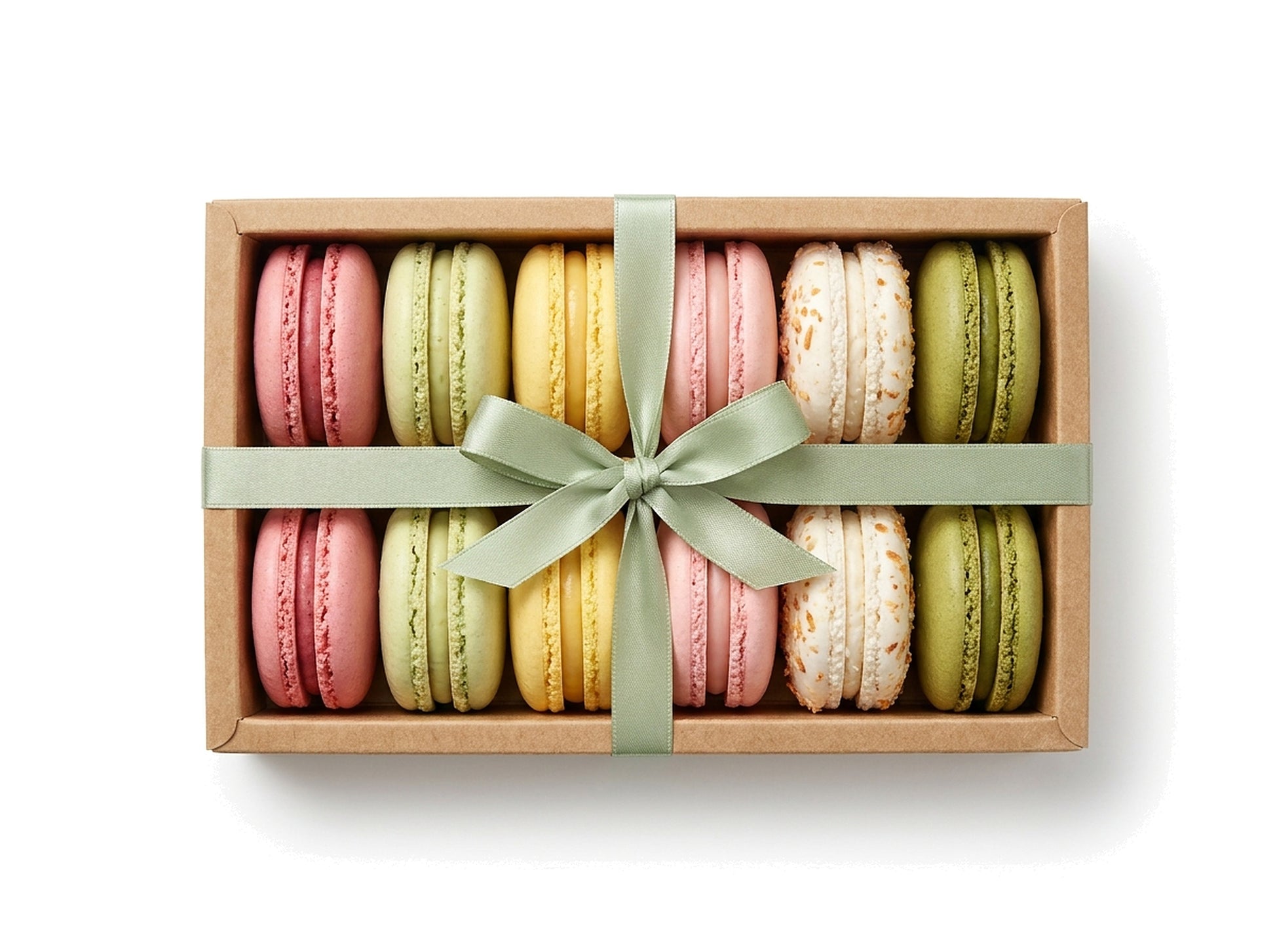 The Seasonal Édition Bloom — a dozen pastel spring French macarons in a kraft box with a sage green ribbon bow