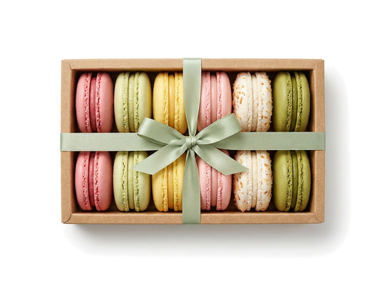 The Seasonal Édition Bloom — a dozen pastel spring French macarons in a kraft box with a sage green ribbon bow