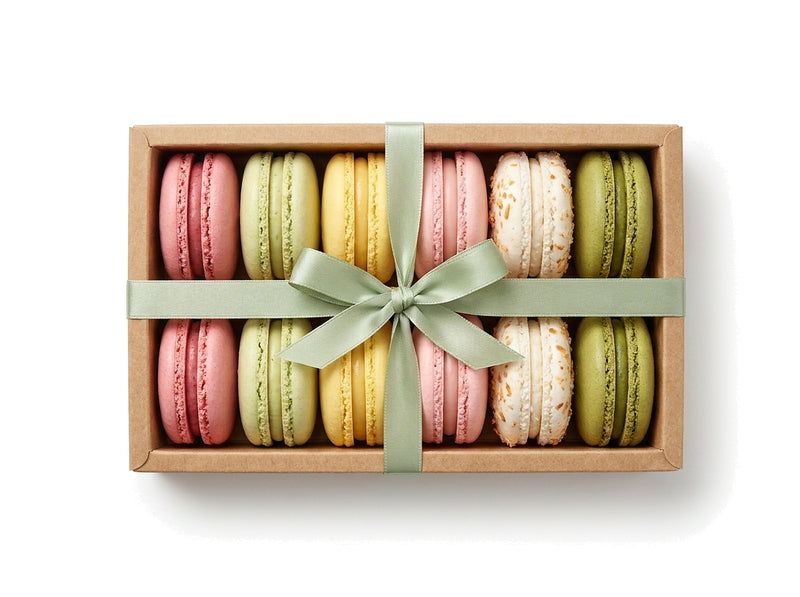 The Seasonal Édition Bloom — a dozen pastel spring French macarons in a kraft box with a sage green ribbon bow