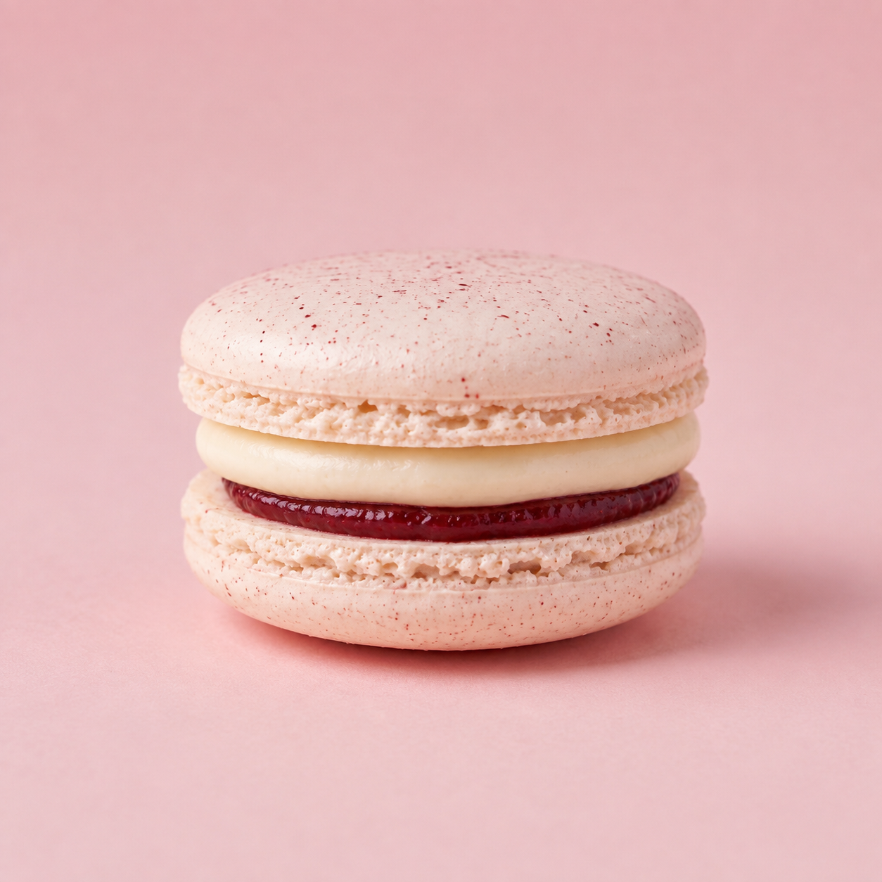 White chocolate raspberry macaron on a soft pink background