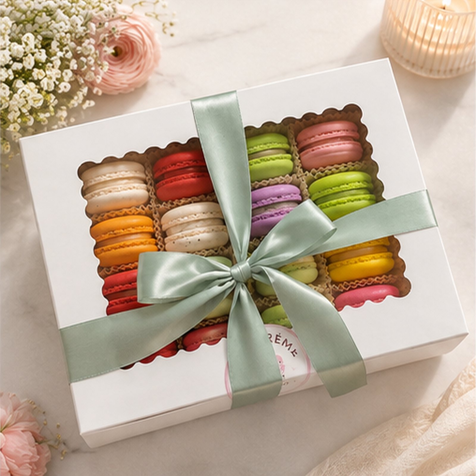 Sweet Crème macaron gift box with assorted macarons and ribbon — view 5